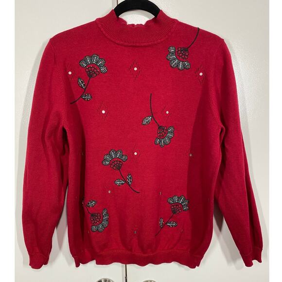 Alfred Dunner Red Embroidered Mock Turtle Neck Long Sleeve Sweater Size Medium - Picture 6 of 8